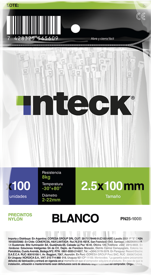 INTECK PRECINTO DE NYLON 7.6 MM X 400 MM BLANCO X 50