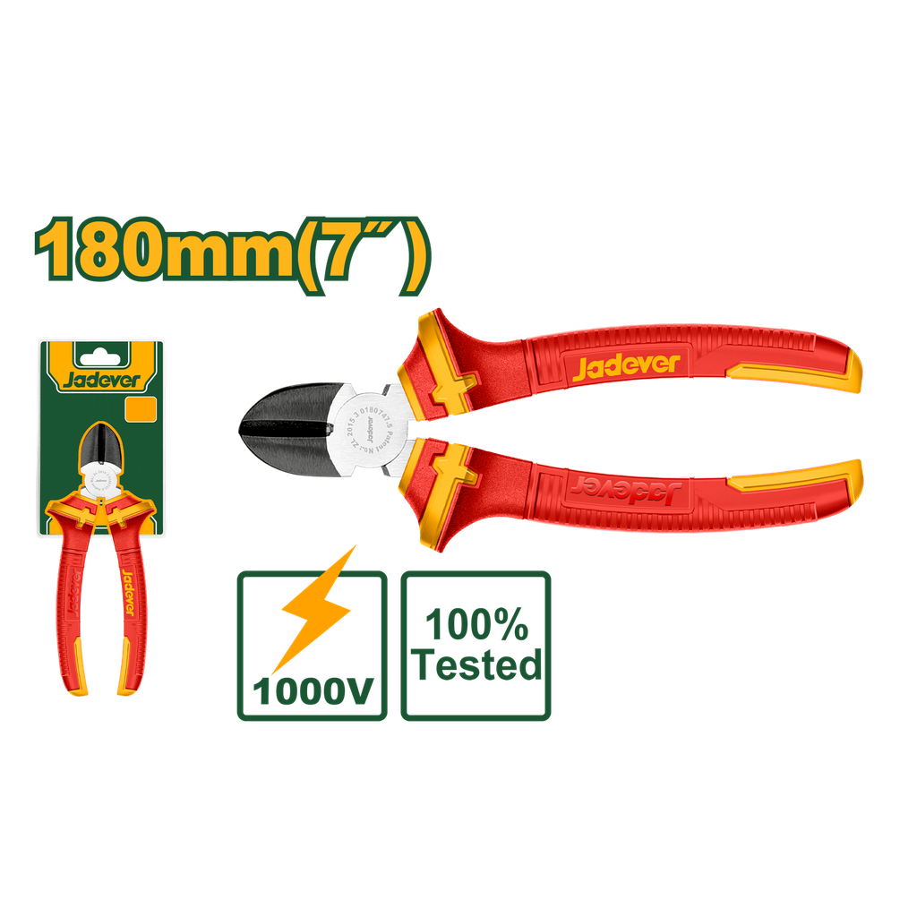 JADEVER ALICATE DE CORTE DIAGONAL AISLADOS 180MM 7" MÁX TENSIÓN 1000V MANGO AISLADO