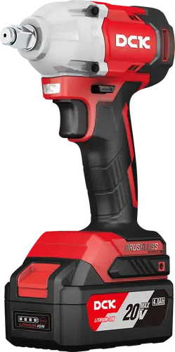 DCK LLAVE DE IMPACTO INALAMBRICA POTENCIA 450W MAX. TORQUE 682Nm TAMAÑO DE PERNO ESTANDAR 12.7mm(1/2") PESO 2KG MOTOR BRUSHLESS INCLUYE BATERIA 4Ah*2, MALETIN PLASTICO