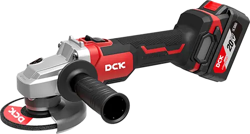 DCK AMOLADORA ANGULAR INALAMBRICA POTENCIA 630W DIAMETRO DEL DISCO 115MM ROSCA DEL EJE M14 PESO 2.2KG MOTOR BRUSHLESS INCLUYE MANGO AUXILIAR, LLAVE, MALETIN PLASTICO CON 2 BATERIAS