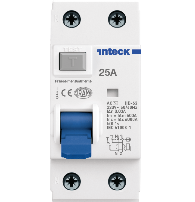 INTECK DIFERENCIAL 2X25A 30MA CLASE AC 6 KA 