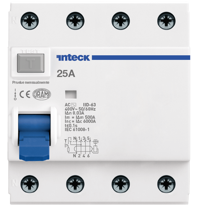 INTECK DIFERENCIAL 4X25A 30MA CLASE AC 6 KA  