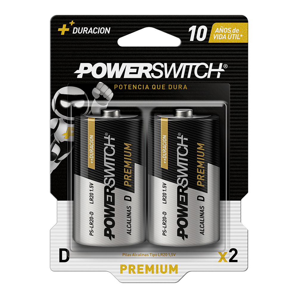 POWERSWITCH PILA ALCALINA LR20 D BLISTER 2 PILAS, 1.5V, 18000mAh
