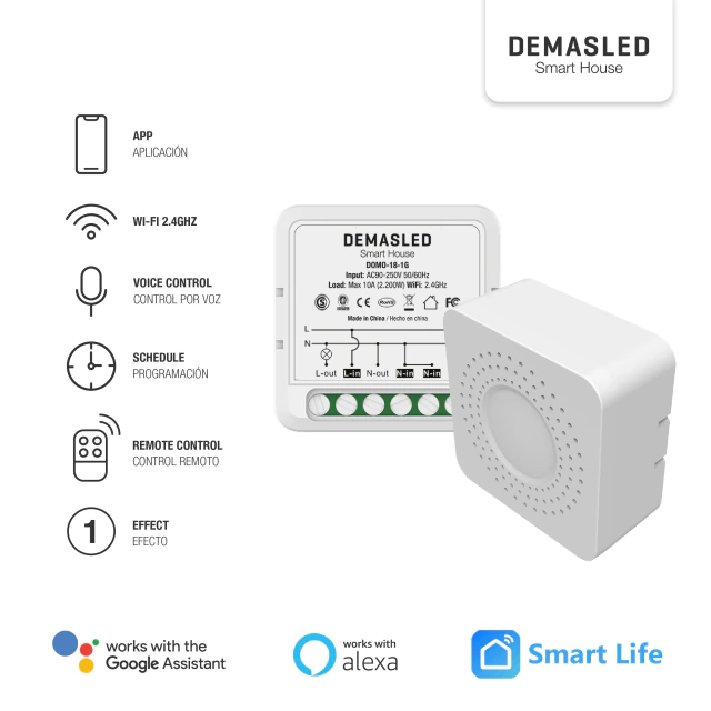 DEMASLED SWITCH MINI SMART WIFI+RF 1 CANAL 10A MAX 2.4 GHz