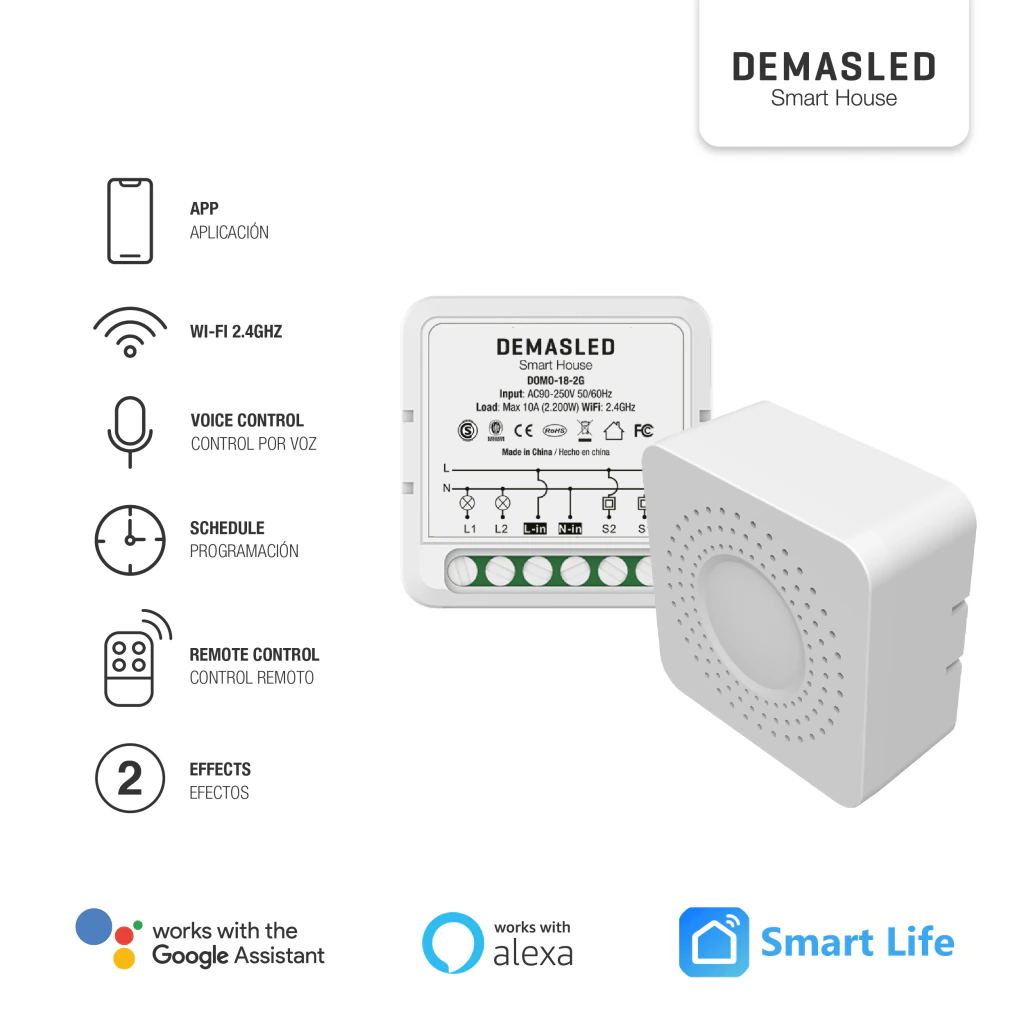 DEMASLED SWITCH MINI SMART WIFI+RF 2 CANALES 10A MAX 2.4 GHz 