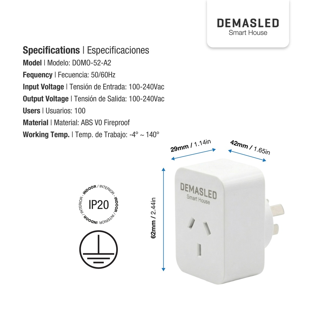 DEMASLED TOMACORRIENTE ENCHUFE SMART WIFI 10A CON MONITOREO DE CONSUMO