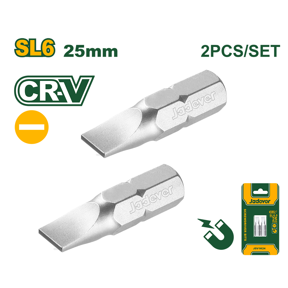 JADEVER PUNTAS DE DESTORNILLADOR - SL6 X 1 X 25MM - 2 PIEZAS/JUEGO - AC. CR-V ENDURECIDO Y REVENIDO 