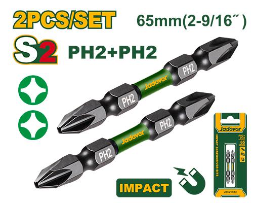 JADEVER PUNTAS DE DESTORNILLADOR DE IMPACTO DOBLE- PH2+ PH2 X 65MM - 2 PIEZA/JUEGO - AC. S2 ENDURECIDO Y REVENIDO 