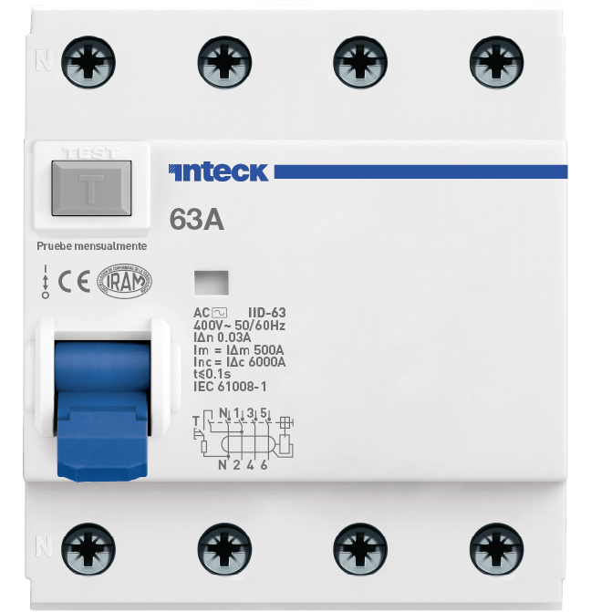 INTECK DIFERENCIAL 4X63A 30MA CLASE AC 6 KA  