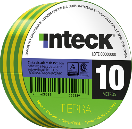 [CAT10] INTECK CINTA ADHESIVA VERDE/AMARILLO 10 MTS