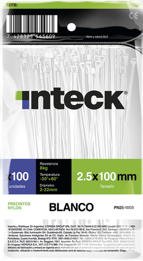 [PN48-200B] INTECK PRECINTO DE NYLON 4.8MM X 200MM BLANC X 100