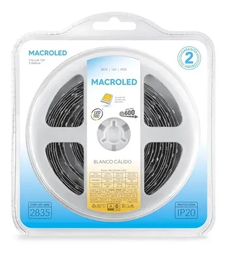 [WW-C600-FW12-IP20] MACROLED TIRA LED 2835 BLANCO CÁLIDO IP20 DC12V 16W 120 LEDS X 5MTS