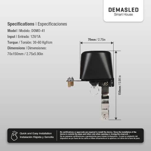 [DOMO-41-A2] DEMASLED SMART WIFI PARA APERTURA/CIERRE AUTOMATICO DE VALVULA