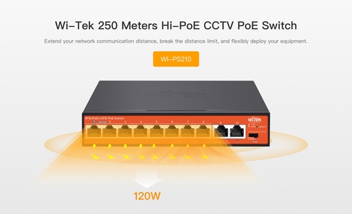 [WK-PS310] WITEK SWITCH POE DE 8 PUERTOS 10/100/1000MBPS DE LARGO ALCANCE DE HASTA 250 METROS + 2 UPLINK