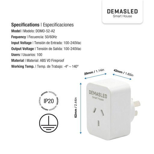 [DOMO-54] DEMASLED TOMACORRIENTE ENCHUFE SMART WIFI 10A CON MONITOREO DE CONSUMO