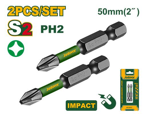 [JDSV2K61] JADEVER PUNTAS DE DESTORNILLADOR DE IMPACTO- PH2 X 50MM - 2 PIEZA/JUEGO - AC. S2 ENDURECIDO Y REVENIDO