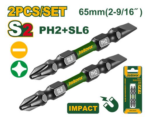 [JDSV3K63] JADEVER PUNTAS DE DESTORNILLADOR DE IMPACTO DOBLE- PH2+ SL6 X 1 X 65MM - 2 PIEZA/JUEGO - AC. S2 ENDURECIDO Y REVENIDO 