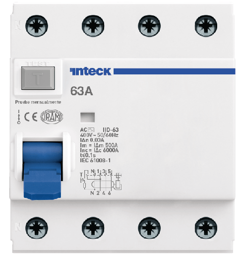 [IID-63 4P 63A 30mA AC 6Ka] INTECK DIFERENCIAL 4X63A 30MA CLASE AC 6 KA  